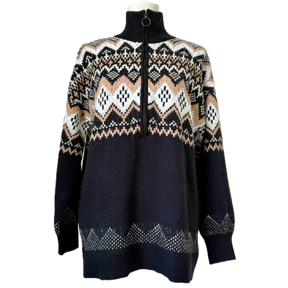 Loft | Fair Isle Half Zip Black & Tan Tunic Sweater Sz Medium